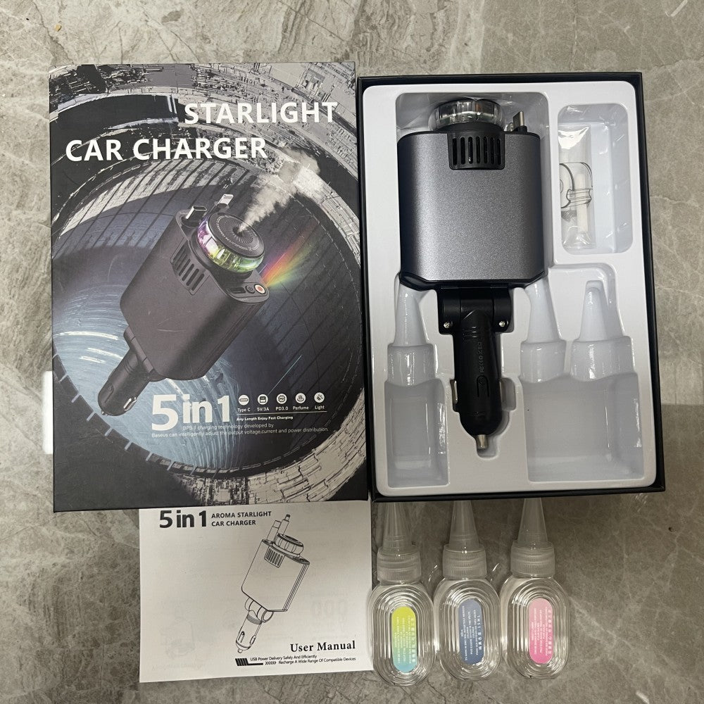 Clevio 5-in-1 Smart Car Charger 🚗⚡🌌 | Fast Charging + Starry Light + Aroma Diffuser